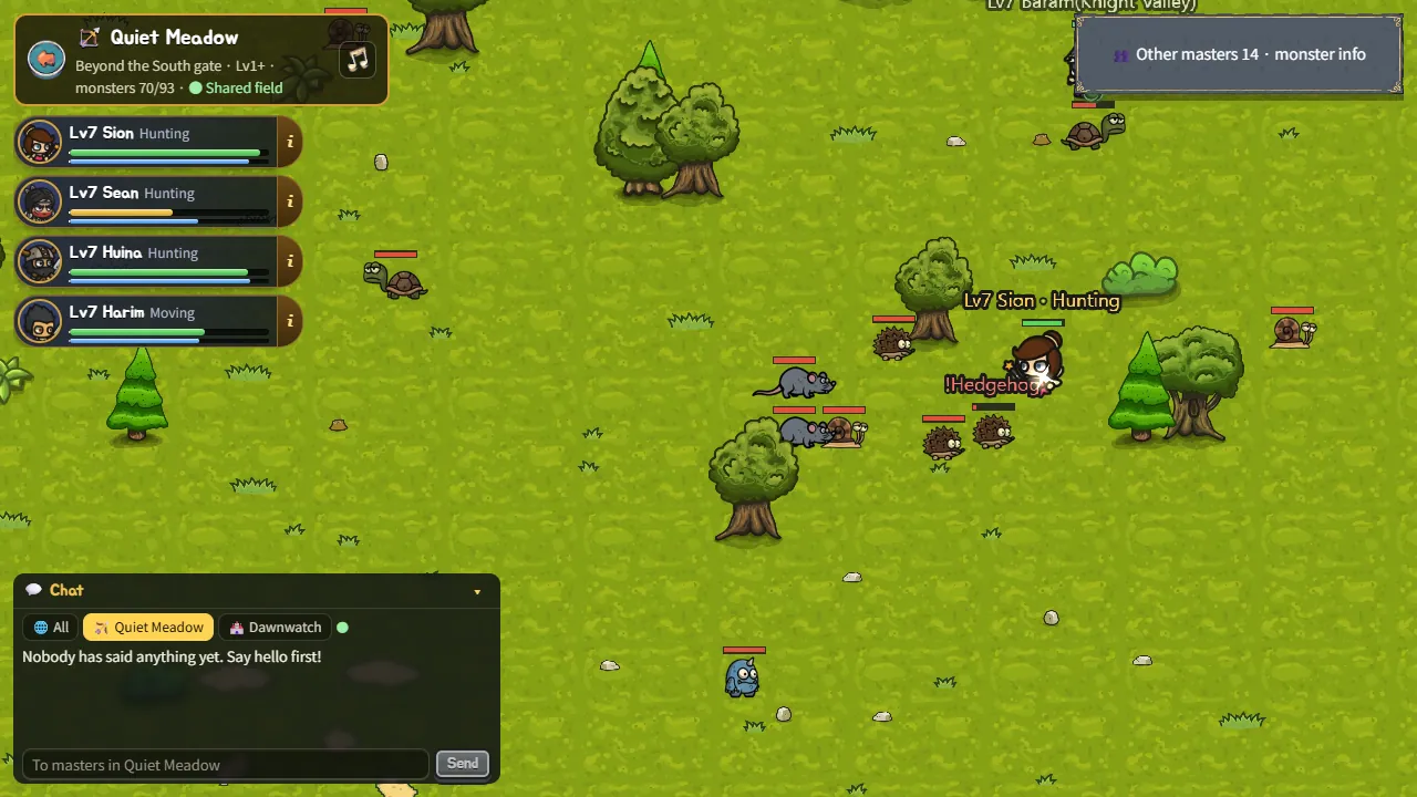 Heroes fighting monsters on a hunting ground