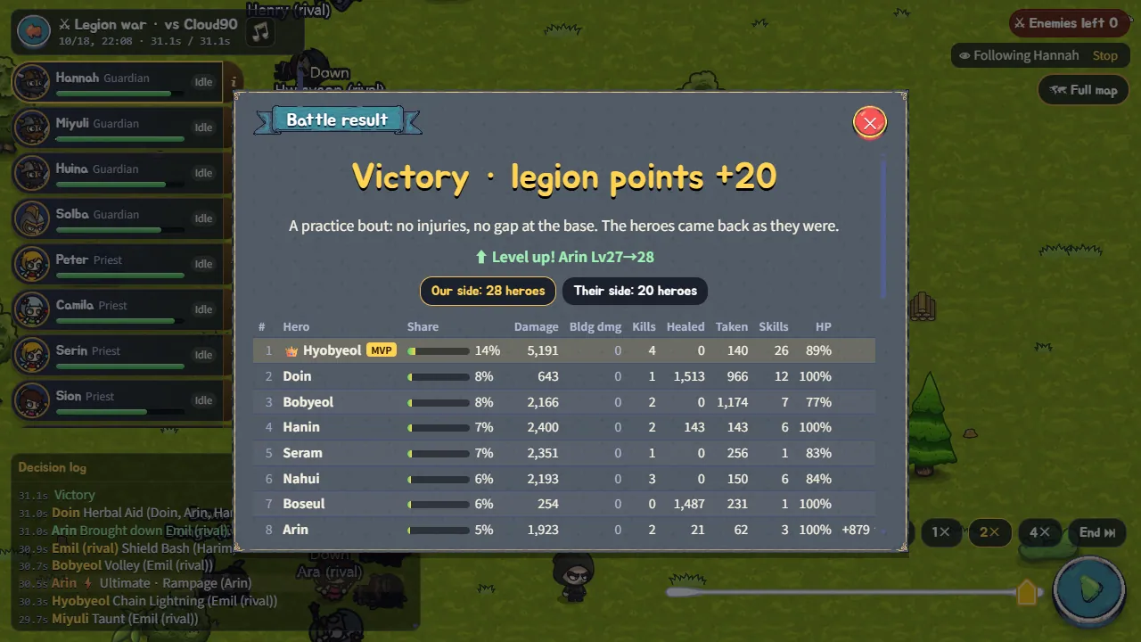 The result screen of a 30-vs-30 legion war victory