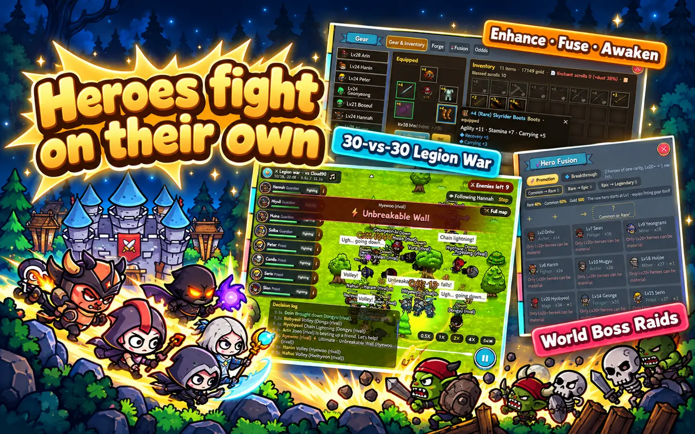 Autonomous Hero Base: a 30-vs-30 legion war, gear enhancement, hero fusion and the heroes